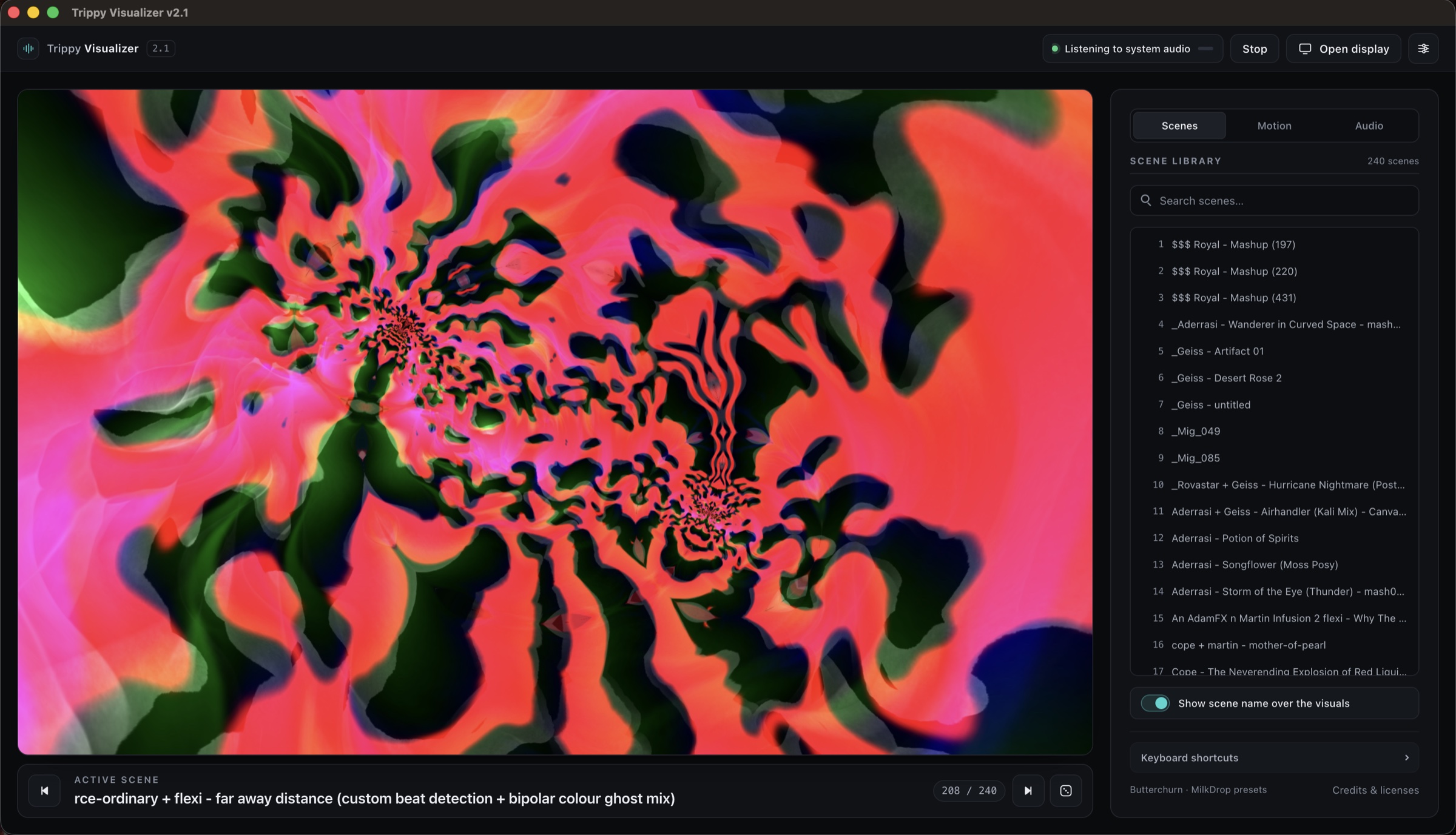 Trippy Visualizer v2.1 app interface showing a scene reacting to audio and the scene library controls